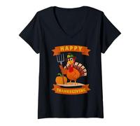 Women's Funny Turkey Pilgrim Farmer Pumpkin Happy Thanksgiving V-Neck T-Shirt