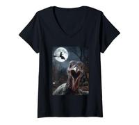 Womens Funny Turkey Selfie Full Moon Flying Witch Forest Halloween V-Neck T-Shirt