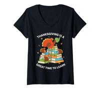 Womens Funny Turkey Teacher Thanksgiving is A Great TIME to Learn V-Neck T-Shirt