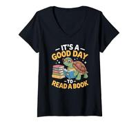 Women's Funny Turtle It's A Good Day to Read a Book Literatur Reader V-Neck T-Shirt