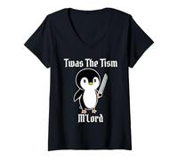 Womens Funny TWAS The Tism M'Lord Vintage Cute Penguin Gen Z Meme V-Neck T-Shirt