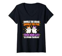Women's Funny Twin Mom Halloween Double The Fun Chaos Cute Ghosts V-Neck T-Shirt