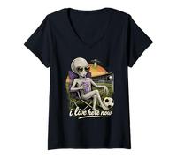 Women's Funny UFO Alien Soccer Field I Live Here Taro Bubble Tea V-Neck T-Shirt