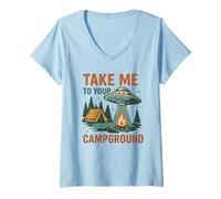 Womens Funny UFO Camping Design Take Me to Your Campground Alien V-Neck T-Shirt