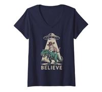 Womens Funny UFO Cat T-Rex Meowdy Dino Ride Animal Lover Owner Mom V-Neck T-Shirt