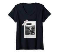 Womens Funny UFO Cow Selfie | Alien Abduction Farm V-Neck T-Shirt