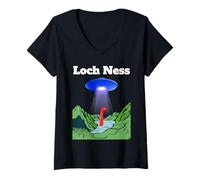 Womens Funny UFO Loch Ness Flying Saucer Monster Nessie Scotland V-Neck T-Shirt