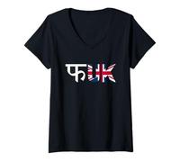 Womens Funny UK Hindi Union Jack British Asian & Punks F-Word Pun V-Neck T-Shirt