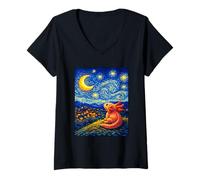 Women's Funny Van Gogh Inspired Axolotl Lover Pixel Art V-Neck T-Shirt