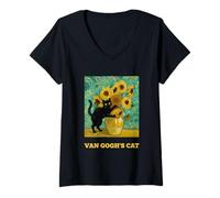Women's Funny Van Gogh Sunflowers Cat Meme Van Gogh Art Graphic V-Neck T-Shirt
