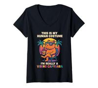 Womens Funny VIBING Capybara Human Costume Retro Sunset & Boba Tea V-Neck T-Shirt