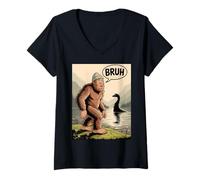 Womens Funny Vintage Bigfoot Bruh Sasquatch Loch Ness Monster Meme V-Neck T-Shirt