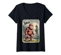 Womens Funny Vintage Bigfoot Bruh Sasquatch Loch Ness Monster Meme V-Neck T-Shirt