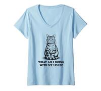 Womens Funny Vintage Cat Quote Meme What Am I Doing with My Lives V-Neck T-Shirt
