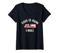 Womens Funny Vintage Fire Engine Truck This is How I Roll V-Neck T-Shirt