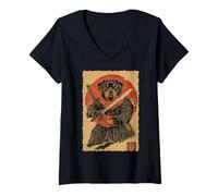 Womens Funny Vintage Japanese Art Rottweiler Ninja Samurai Warrior V-Neck T-Shirt