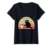 Womens Funny Vintage Retro Sarcastic Cat Knocks Coffee Cup V-Neck T-Shirt