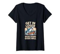 Women's Funny Vintage Shark Boat Attack Saying Get in Loser V-Neck T-Shirt
