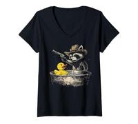 Womens Funny Weirdcore Vintage Raccoon Cowboy Rubber Duck Western V-Neck T-Shirt