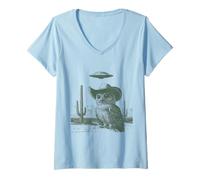 Women's Funny Western Owl UFO Alien Desert Cactus Scene V-Neck T-Shirt