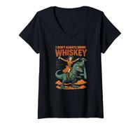 Womens Funny Whiskey Chaos Design - Cowboy, Dinosaur & UFO Mashup V-Neck T-Shirt