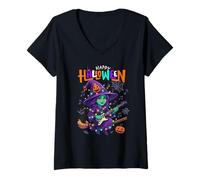 Womens Funny Witch Playing Guitar Happy Halloween Boys Girls Kids V-Neck T-Shirt