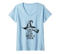 Womens Funny Witch Saying Yes I Can Drive A Stick Halloween Women V-Neck T-Shirt