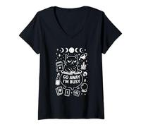 Womens Funny Witchy Cat Present, Go Away I’m Busy, Mystical Wicca V-Neck T-Shirt