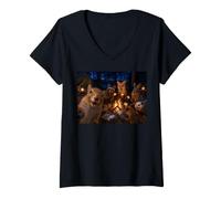 Women's Funny Woodland Animals Camping Roasting Marshmallows V-Neck T-Shirt