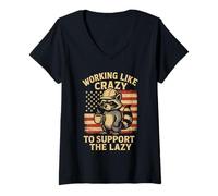 Womens Funny Working Like Crazy to Support The Lazy Raccoon V-Neck T-Shirt