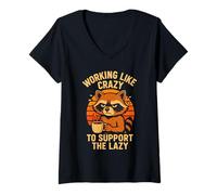 Womens Funny Working Like Crazy to Support The Lazy Raccoon V-Neck T-Shirt