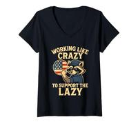 Womens Funny Working Like Crazy to Support The Lazy US Flag Raccoon V-Neck T-Shirt