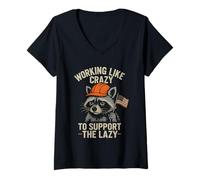 Womens Funny Working Like Crazy to Support The Lazy US Flag Raccoon V-Neck T-Shirt