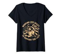Womens Funny Working Like Crazy to Support The Lazy US Flag Raccoon V-Neck T-Shirt