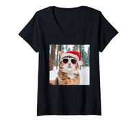 Womens Funny X-Mas Cats and Christmas Cat in The Snow V-Neck T-Shirt