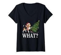 Womens Funny Xmas Beagle Pushing Christmas Tree Over Dog What? V-Neck T-Shirt