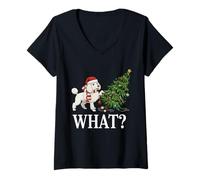 Womens Funny Xmas Poodle Pushing Christmas Tree Over Dog What? V-Neck T-Shirt
