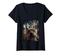 Womens Funny Yorkshire Terrier Selfie Ghosts Forest Halloween Dog V-Neck T-Shirt