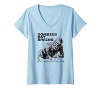 Womens Funny Zombies Eat Brains So You're Safe Horror Undead Art V-Neck T-Shirt