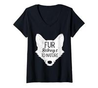 Womens FUR BELONGS TO NATURE Anti Fur Funny Animal Rights V-Neck T-Shirt