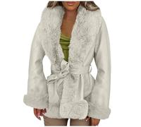 Women's Fur Coat with Belt Warm Fur Coat Vintage Plain Winter Jacket Long Sleeve Cardigan Transition Jacket Autumn Winter Coat Teenager Girls Faux Fur Jacket Cardigan Softshell Jacket, White, L