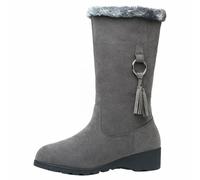 Womens Fur Lined Mid Calf Boots Ladies Collar Booties Wide Fit Suede Boots | Low Wedge Heel Autumn Winter Snow Shoes Tassel Ring Detail Round Toe Casual Outdoor Walking Daily Wear Thermal Lined Design
