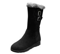 Womens Fur Lined Mid Calf Boots Ladies Collar Booties Wide Fit Suede Boots | Low Wedge Heel Autumn Winter Snow Shoes Tassel Ring Detail Round Toe Casual Outdoor Walking Daily Wear Thermal Lined Design