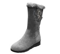 Womens Fur Lined Mid Calf Boots Ladies Collar Booties Wide Fit Suede Boots | Low Wedge Heel Autumn Winter Snow Shoes Tassel Ring Detail Round Toe Casual Outdoor Walking Daily Wear Thermal Lined Design