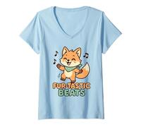 Womens Fur-Tastic Beats Dancing Fox Fox Fursona Cartoon Graphic Tee V-Neck T-Shirt