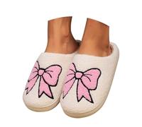 Women's Furry Bow Slippers with Memory Foam for Indoor Home Wear, Cozy House Shoes with Non-Slip Sole, Warm Winter Lining(7) Pink