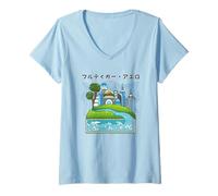 Womens Future City Wind Power Frutiger Aero Y2K Style Ocean V-Neck T-Shirt