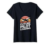 Womens Future Pilot Loading Sunset Airplane Aviation V-Neck T-Shirt