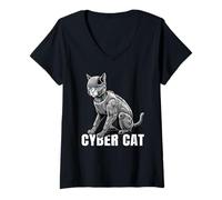 Womens Futuristic Cyber Cat Steampunk art for Sci-Fi lovers V-Neck T-Shirt