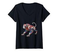 Womens Futuristic Robotic Panther Mech Design V-Neck T-Shirt